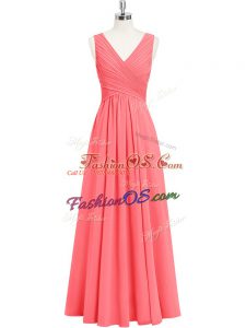 Enchanting Sleeveless Chiffon Floor Length Zipper Dress for Prom in Watermelon Red with Ruching