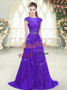 Customized Purple A-line Lace and Appliques Evening Dress Zipper Tulle Cap Sleeves
