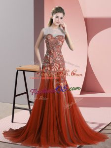 Backless Dress for Prom Rust Red for Prom and Party and Military Ball with Beading Sweep Train