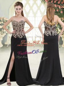 Flare Sleeveless Elastic Woven Satin Sweep Train Zipper Dress for Prom in Black with Beading and Appliques