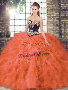 Sweetheart Sleeveless Vestidos de Quinceanera Floor Length Beading and Embroidery Orange Red Organza