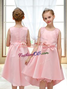 Gorgeous Pink Satin Zipper Flower Girl Dresses for Less Sleeveless High Low Lace and Bowknot