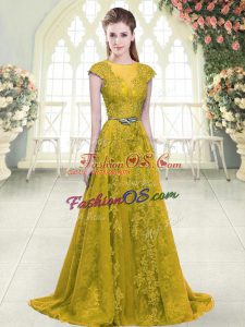Elegant Gold A-line Beading and Lace and Appliques Party Dress Wholesale Zipper Tulle Cap Sleeves