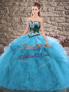 Floor Length Lace Up Sweet 16 Dresses Blue for Sweet 16 and Quinceanera with Beading and Embroidery