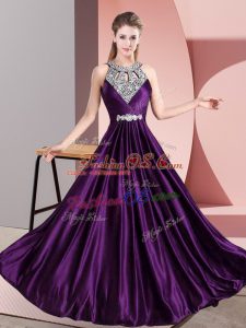 Excellent Halter Top Sleeveless Prom Party Dress Floor Length Beading Purple Satin