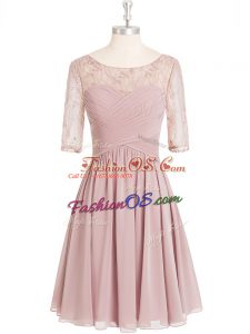 Inexpensive Chiffon Half Sleeves Knee Length Prom Party Dress and Lace and Ruching