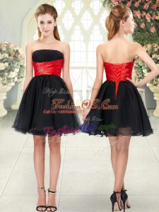 Flare Black A-line Strapless Sleeveless Organza Mini Length Lace Up Beading Prom Dress