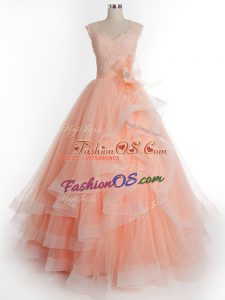Floor Length Lace Up 15 Quinceanera Dress Peach for Military Ball and Sweet 16 and Quinceanera with Ruffles