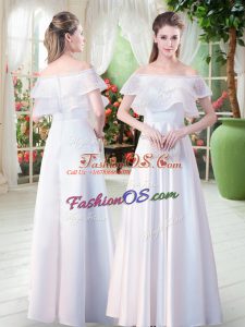Empire Dress for Prom White Off The Shoulder Satin Short Sleeves Floor Length Zipper