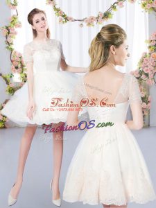 Lace Quinceanera Court Dresses Champagne Lace Up Short Sleeves Mini Length