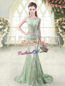 Exceptional Beading Dress for Prom Apple Green Zipper Sleeveless Brush Train