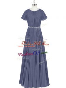 Extravagant Blue Dress for Prom Prom and Party and Military Ball with Beading and Pleated Scoop Short Sleeves Zipper