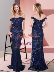 Lovely Ruching Prom Evening Gown Navy Blue Zipper Sleeveless Floor Length