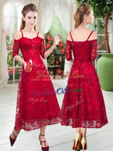 Shining Red Spaghetti Straps Neckline Lace Prom Evening Gown Half Sleeves Zipper