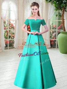 Turquoise Satin Lace Up Off The Shoulder Short Sleeves Floor Length Prom Gown Belt