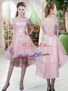 Nice Baby Pink Half Sleeves Tulle Lace Up Prom Evening Gown for Prom and Party and Military Ball