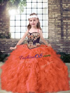 Unique Tulle Sleeveless Floor Length Little Girls Pageant Dress Wholesale and Embroidery and Ruffles