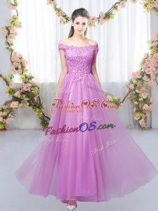 Nice Lilac Empire Off The Shoulder Sleeveless Tulle Floor Length Lace Up Lace Wedding Party Dress