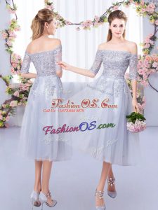 Grey Empire Off The Shoulder Half Sleeves Tulle Tea Length Zipper Lace Quinceanera Court of Honor Dress
