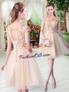 Champagne Lace Up Scoop Appliques Prom Dress Tulle Short Sleeves
