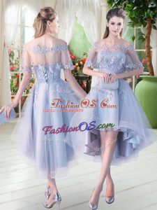 Appliques Party Dress for Girls Light Blue Lace Up Half Sleeves High Low