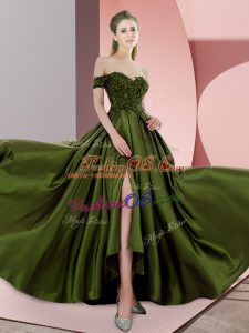 Off The Shoulder Sleeveless Sweep Train Beading Olive Green Elastic Woven Satin