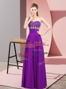 Custom Fit Floor Length Purple Prom Dresses Strapless Sleeveless Zipper