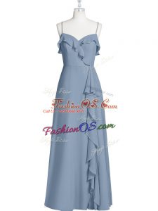 Clearance A-line Prom Party Dress Blue Spaghetti Straps Chiffon Sleeveless Floor Length Zipper