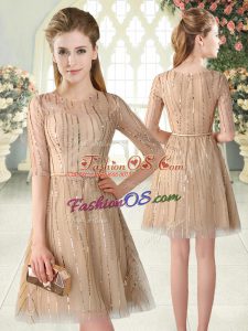 Champagne A-line Tulle Scoop Half Sleeves Sequins Mini Length Zipper Dress for Prom