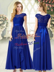 Royal Blue Chiffon Zipper Scoop Cap Sleeves Ankle Length Prom Party Dress Lace