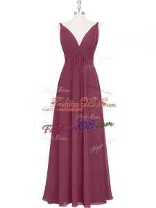 Burgundy Sleeveless Floor Length Ruching and Pleated Backless Prom Evening Gown