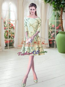 Super Yellow Green Half Sleeves Ruching Knee Length Dress for Prom