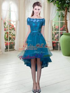 Enchanting Off The Shoulder Short Sleeves Lace Up Prom Evening Gown Teal Tulle