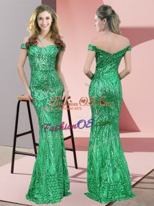 Green Mermaid Ruching Prom Dresses Zipper Sequined Sleeveless Floor Length