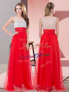 Red Chiffon Side Zipper Scoop Sleeveless Floor Length Prom Evening Gown Sequins