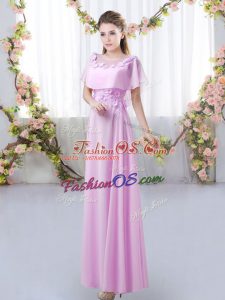 Short Sleeves Chiffon Floor Length Zipper Wedding Guest Dresses in Lilac with Appliques