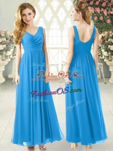 Elegant V-neck Sleeveless Prom Gown Ankle Length Ruching Blue Chiffon
