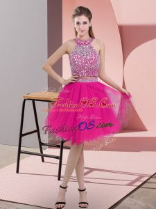 Knee Length Backless Prom Gown Hot Pink for Prom and Party with Beading