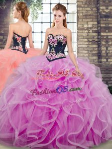 Fashionable Sleeveless Tulle Sweep Train Lace Up Sweet 16 Quinceanera Dress in Lilac with Embroidery and Ruffles
