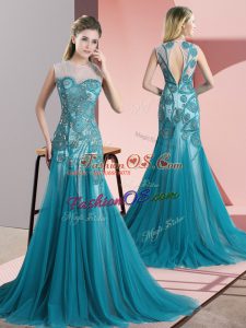 Fantastic Teal Sleeveless Beading and Appliques Backless Prom Gown