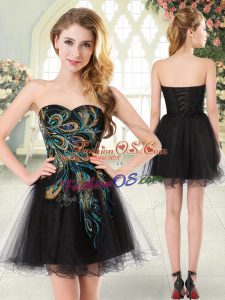 High Class Black A-line Tulle Sweetheart Sleeveless Beading and Appliques Mini Length Lace Up Prom Evening Gown