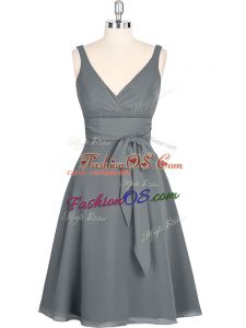 Luxurious Chiffon V-neck Sleeveless Zipper Ruching Prom Dress in Grey