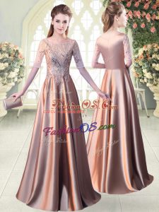 Pink A-line Scoop Half Sleeves Elastic Woven Satin Floor Length Zipper Sequins Evening Dress