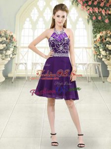On Sale Eggplant Purple A-line Chiffon Halter Top Sleeveless Beading Knee Length Zipper Prom Gown