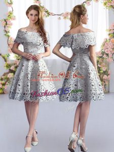 Free and Easy Knee Length Zipper Damas Dress Grey for Prom and Party and Wedding Party with Lace