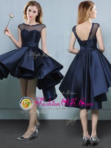 Satin Bateau Cap Sleeves Lace Up Appliques Quinceanera Court of Honor Dress in Navy Blue