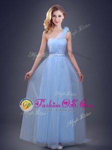 One Shoulder Tulle Sleeveless Floor Length Bridesmaid Gown and Beading and Ruching and Hand Made Flower