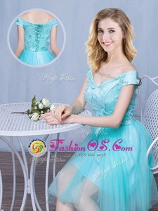 Aqua Blue Lace Up Off The Shoulder Lace and Appliques and Bowknot Dama Dress for Quinceanera Tulle Cap Sleeves