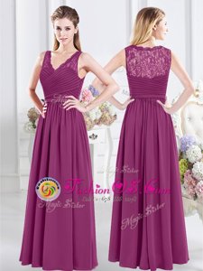 Fuchsia Side Zipper V-neck Lace and Ruching Quinceanera Court of Honor Dress Chiffon Sleeveless