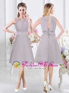 Fancy A-line Dama Dress for Quinceanera Grey Halter Top Chiffon Sleeveless Knee Length Zipper